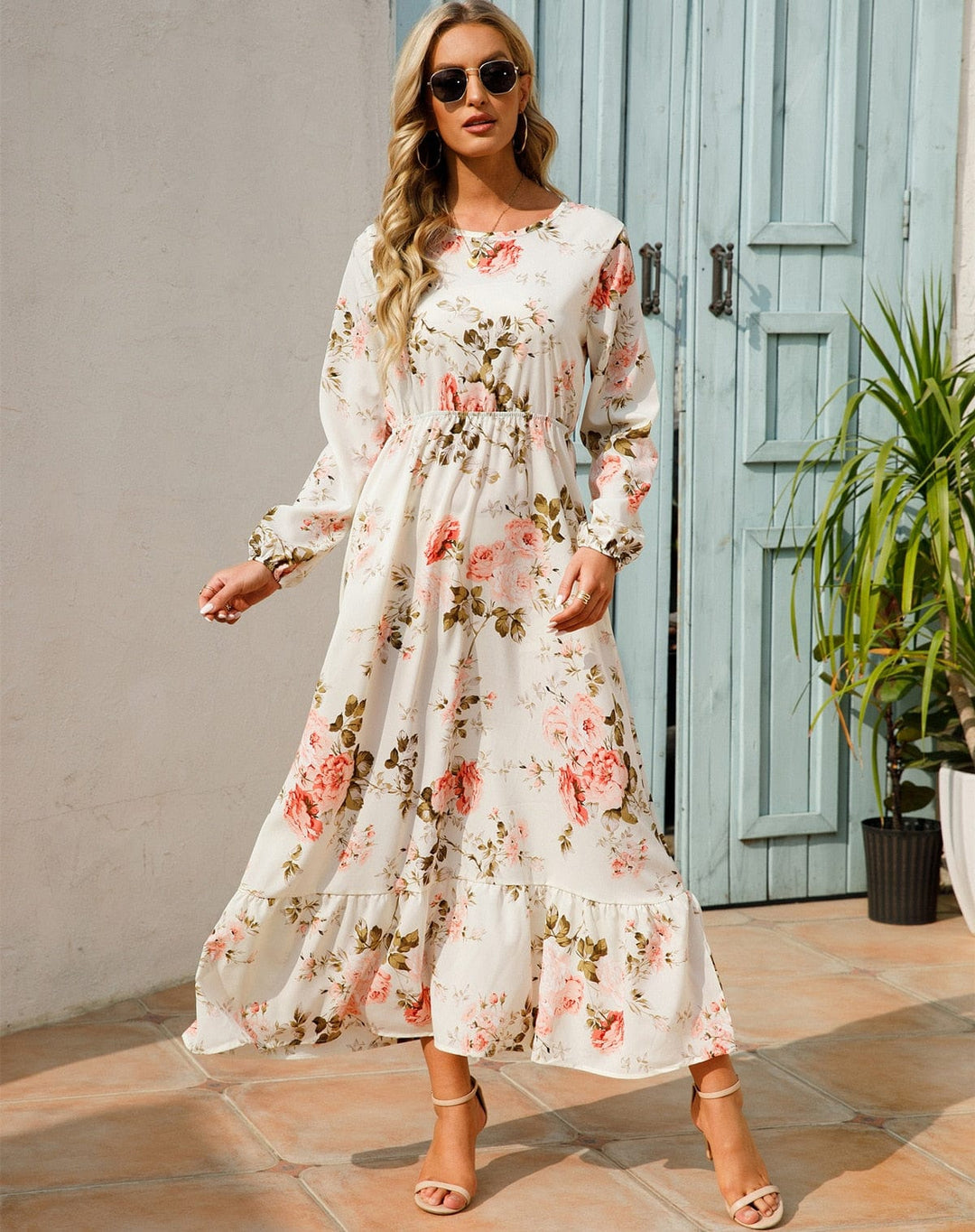 Julia | White Long Sleeve Maxi Dress with Summer Floral Print