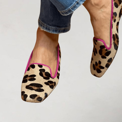 Yvonne | Printed synthetic suede loafers with pink piping