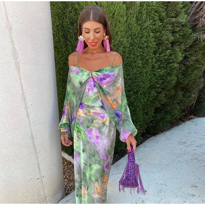 Anisten - Stylish maxi dress with Halo-Dye print and detachable shawl
