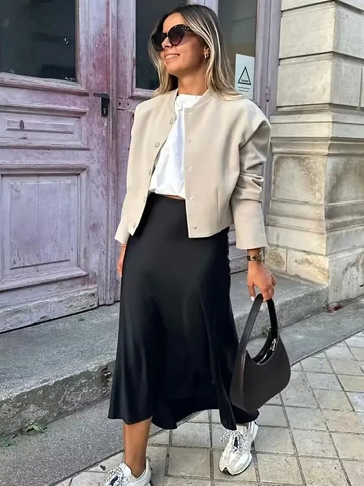 Drew | Timeless satin midi skirt with a luxurious look
