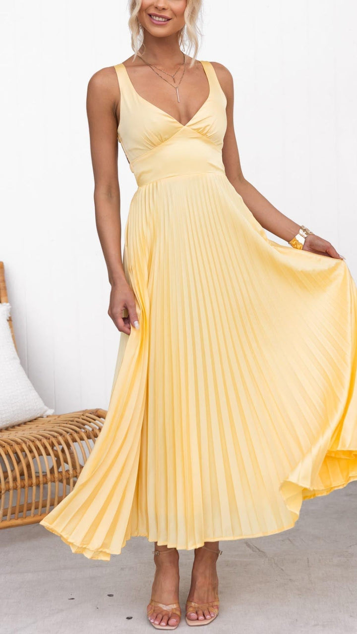 Annika™ - Pleated Maxi Dress with Yellow Pattern