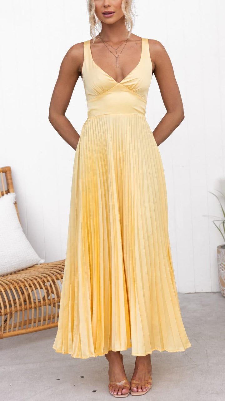 Annika™ - Pleated Maxi Dress with Yellow Pattern