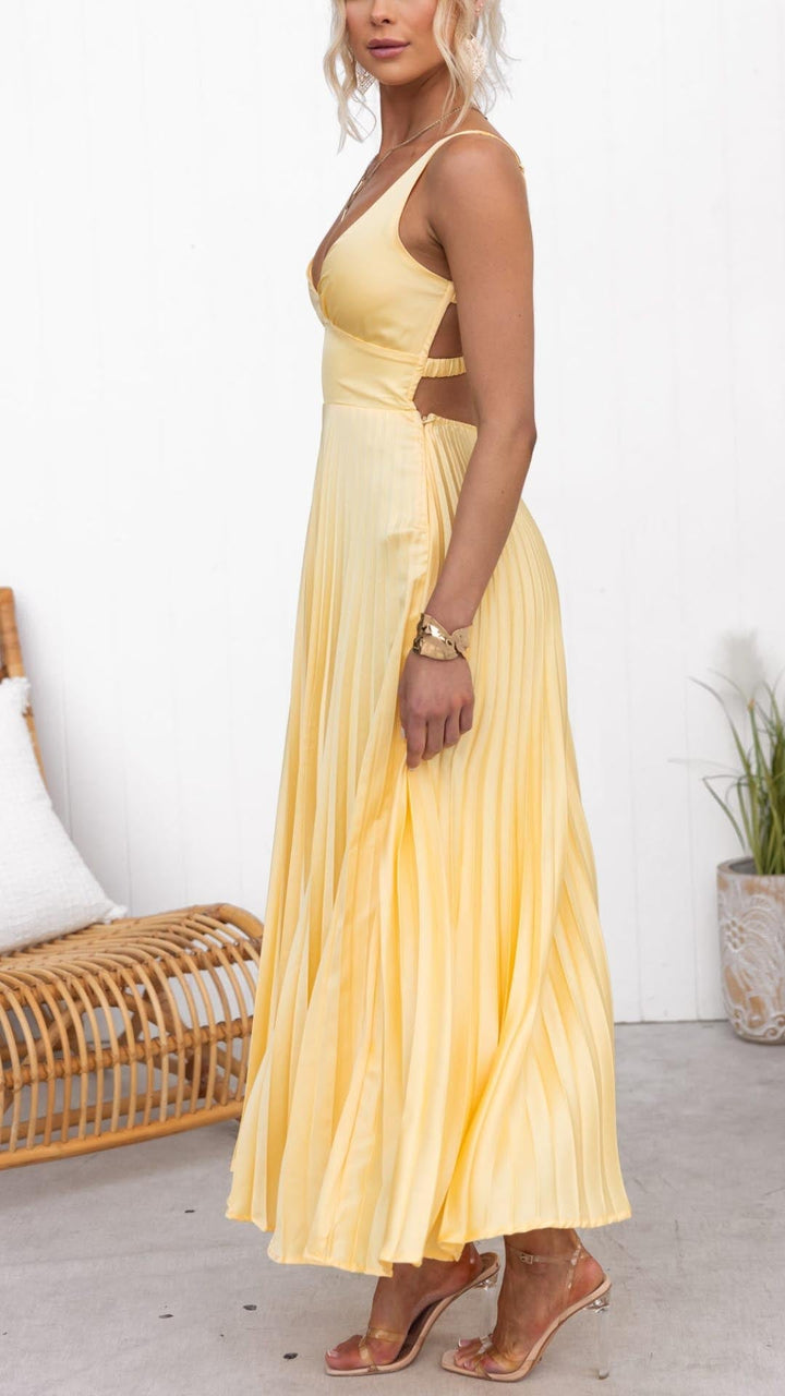 Annika™ - Pleated Maxi Dress with Yellow Pattern
