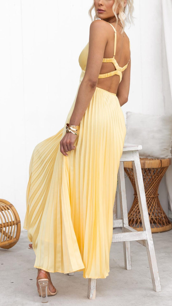 Annika™ - Pleated Maxi Dress with Yellow Pattern