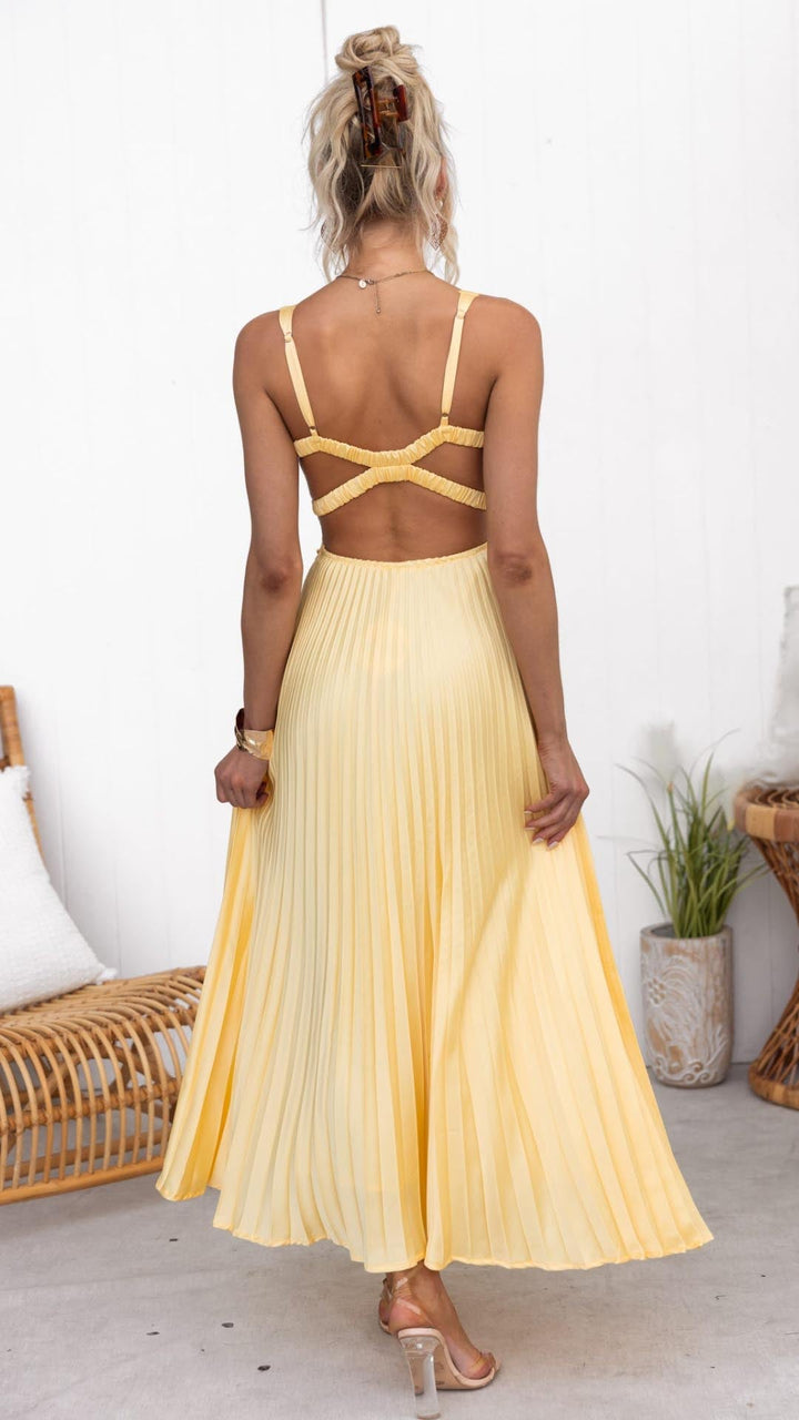 Annika™ - Pleated Maxi Dress with Yellow Pattern