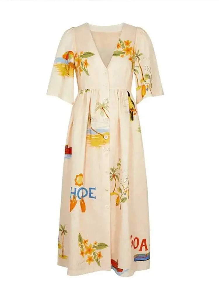 Printed Linen Midi Dress