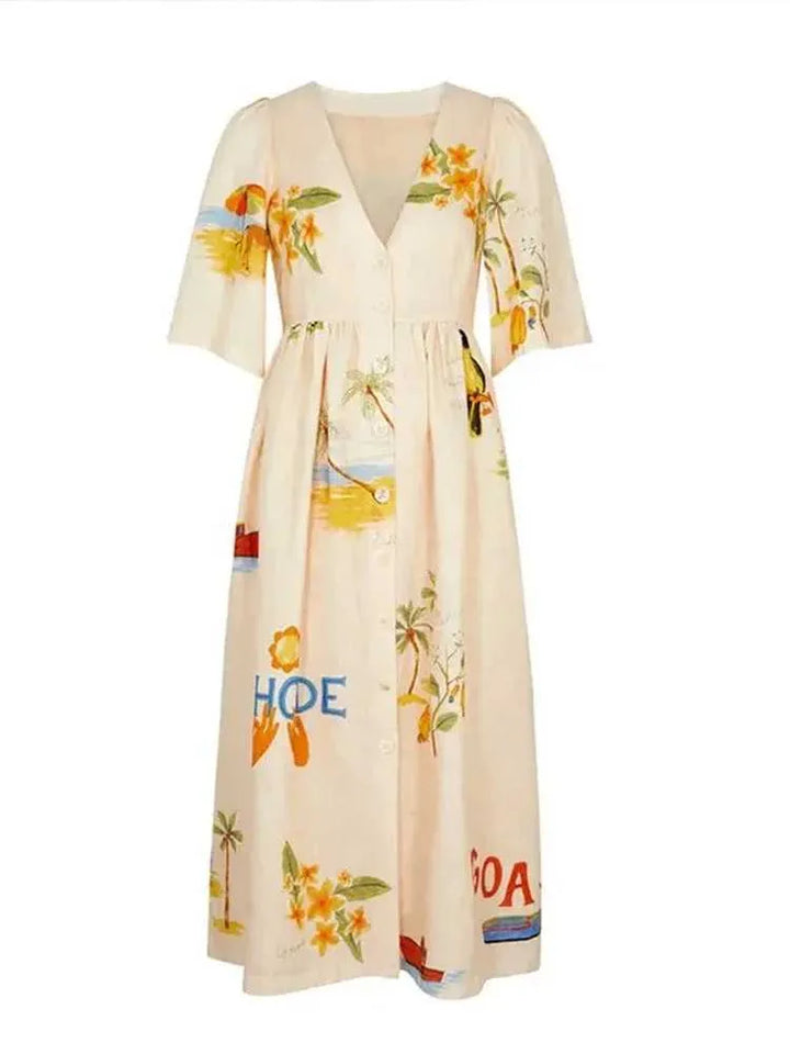 Printed Linen Midi Dress