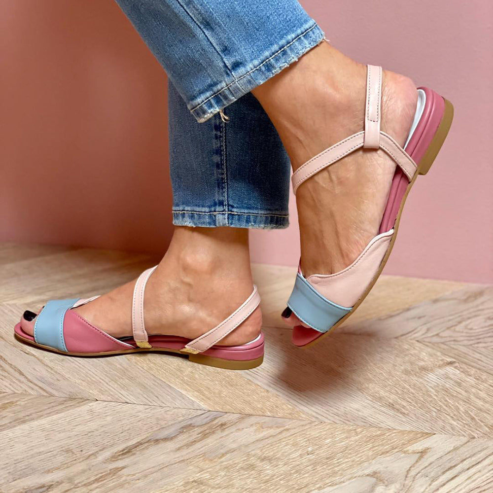 Roselina | Asymmetrical pink block style sandals