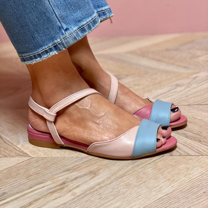 Roselina | Asymmetrical pink block style sandals