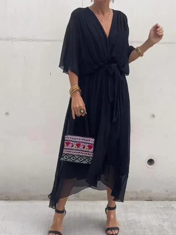 Monica™ | Elegant Silk Chiffon Dress with Charming V-Neck