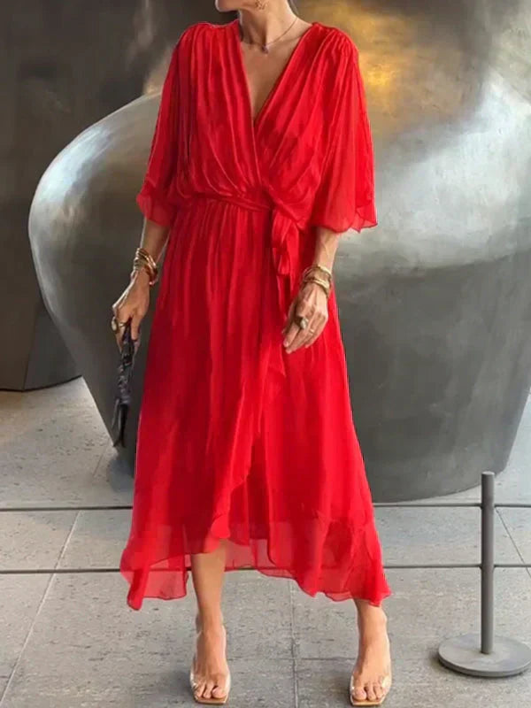 Monica™ | Elegant Silk Chiffon Dress with Charming V-Neck