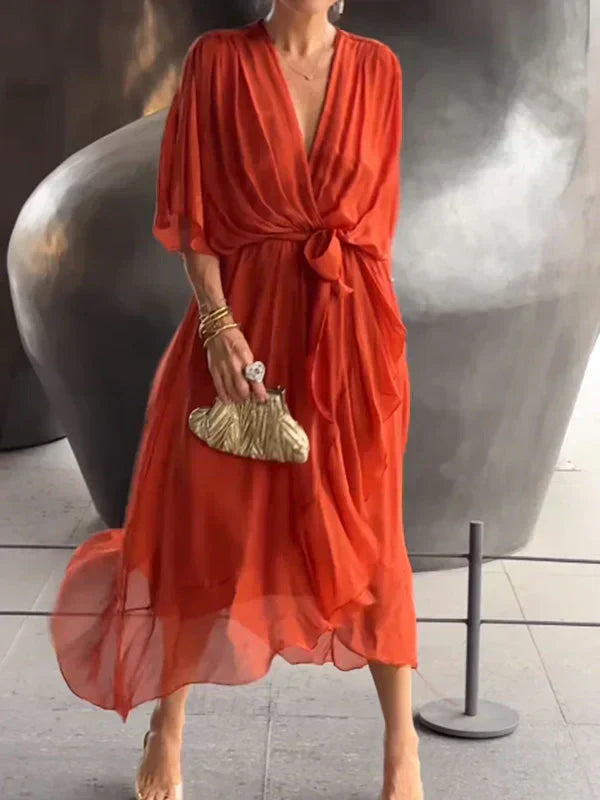 Monica™ | Elegant Silk Chiffon Dress with Charming V-Neck