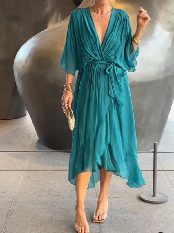 Monica™ | Elegant Silk Chiffon Dress with Charming V-Neck